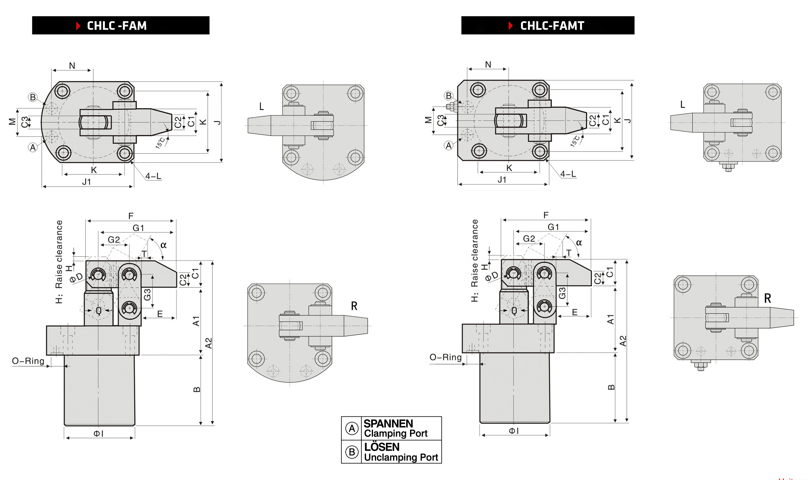 HLC-FAMT Hydraulic Link Clamp Top Flange Manifold Type Technical Drawing