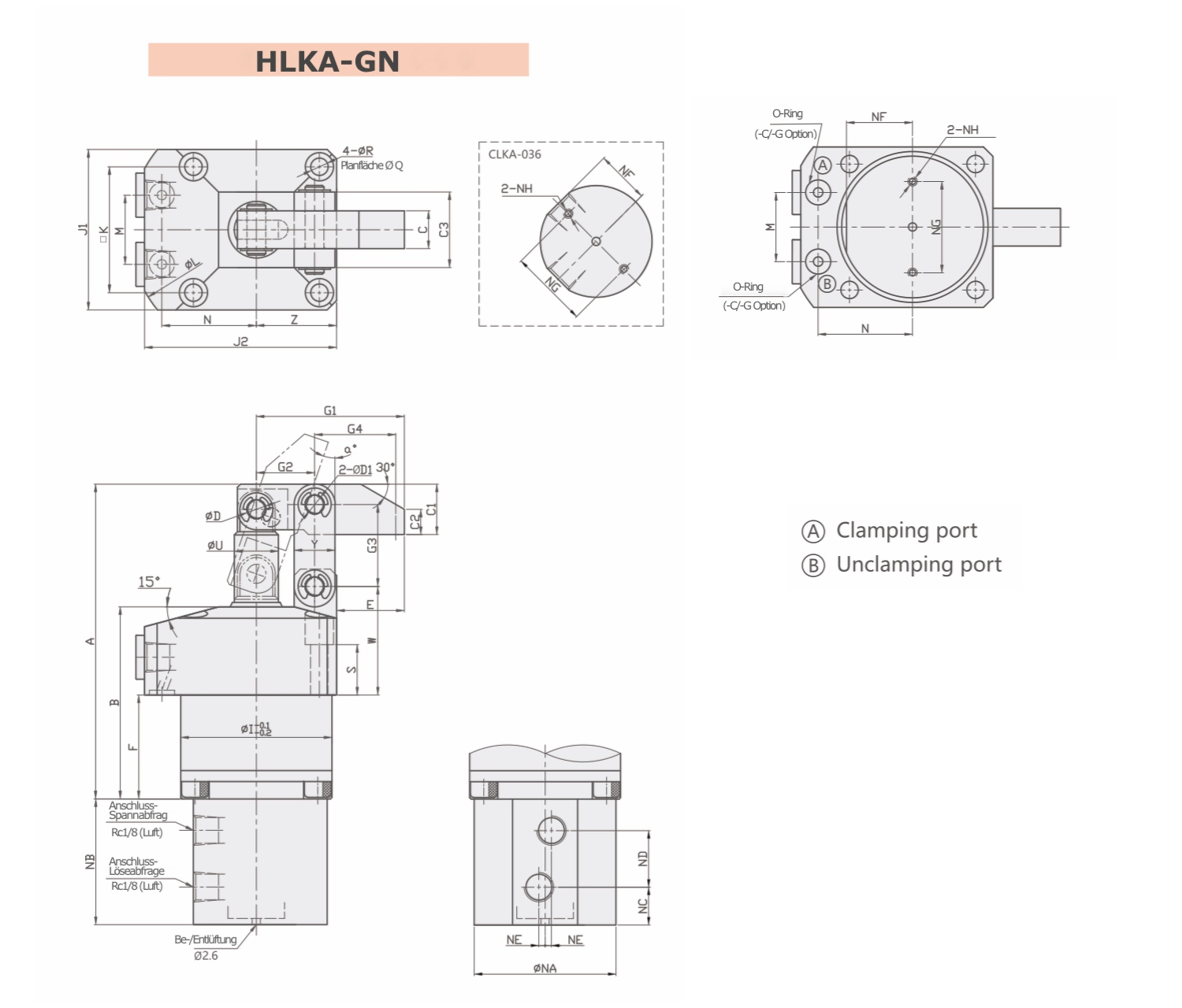 HLKA-GN Technische Zeichnung Hydraulischer Hebelspanner pneumatischer Positionsabfrage bei Verrohrung