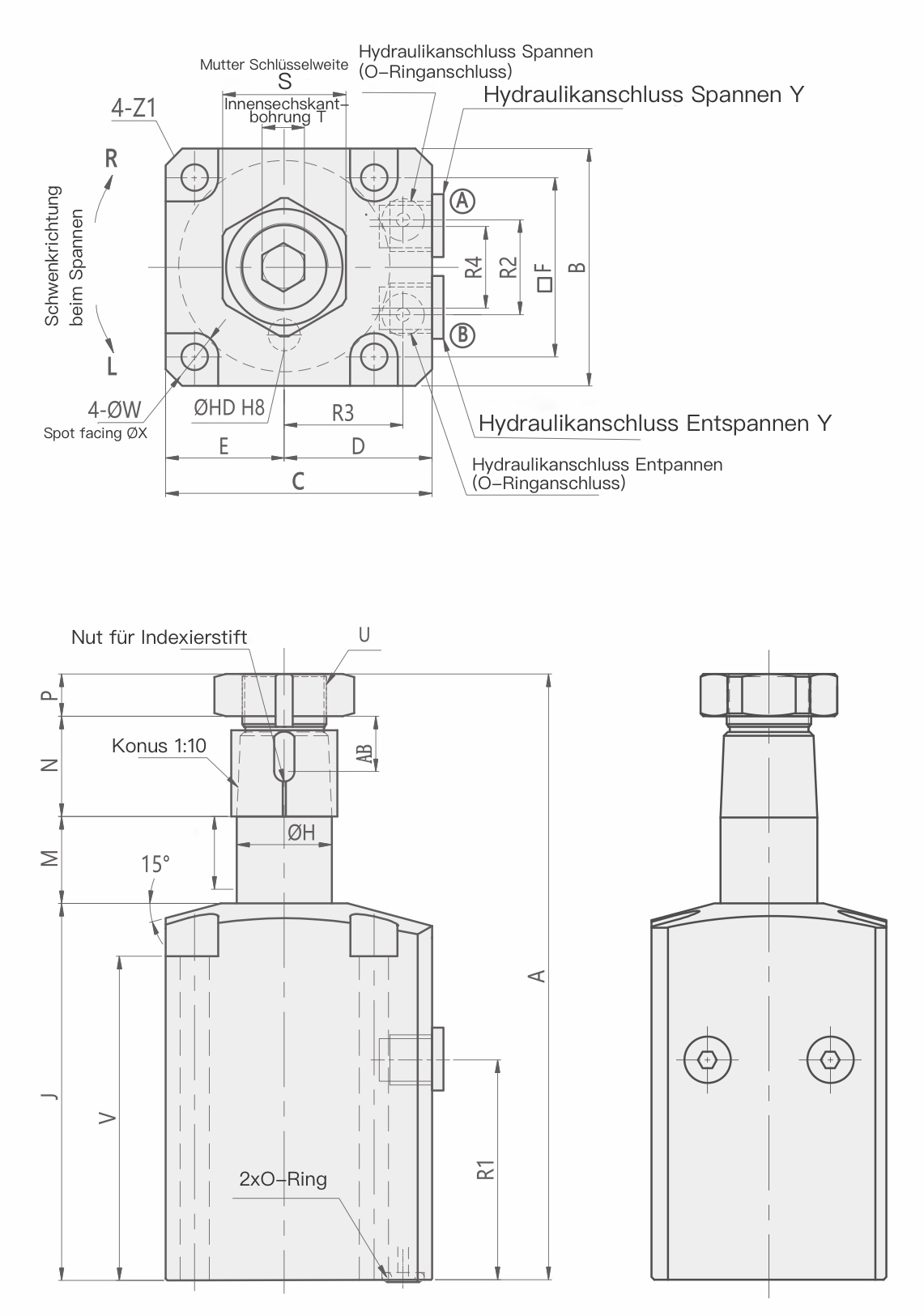 HBTU Technische Zeichnung Hydraulischer Schwenkspanner Hydraulikspanner in Blockversion
