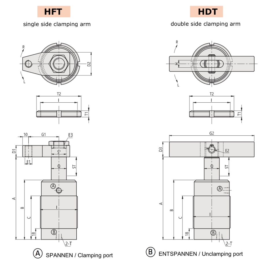 HFT Technical Drawing Hydraulic Swing Clamp Threaded Type/Version