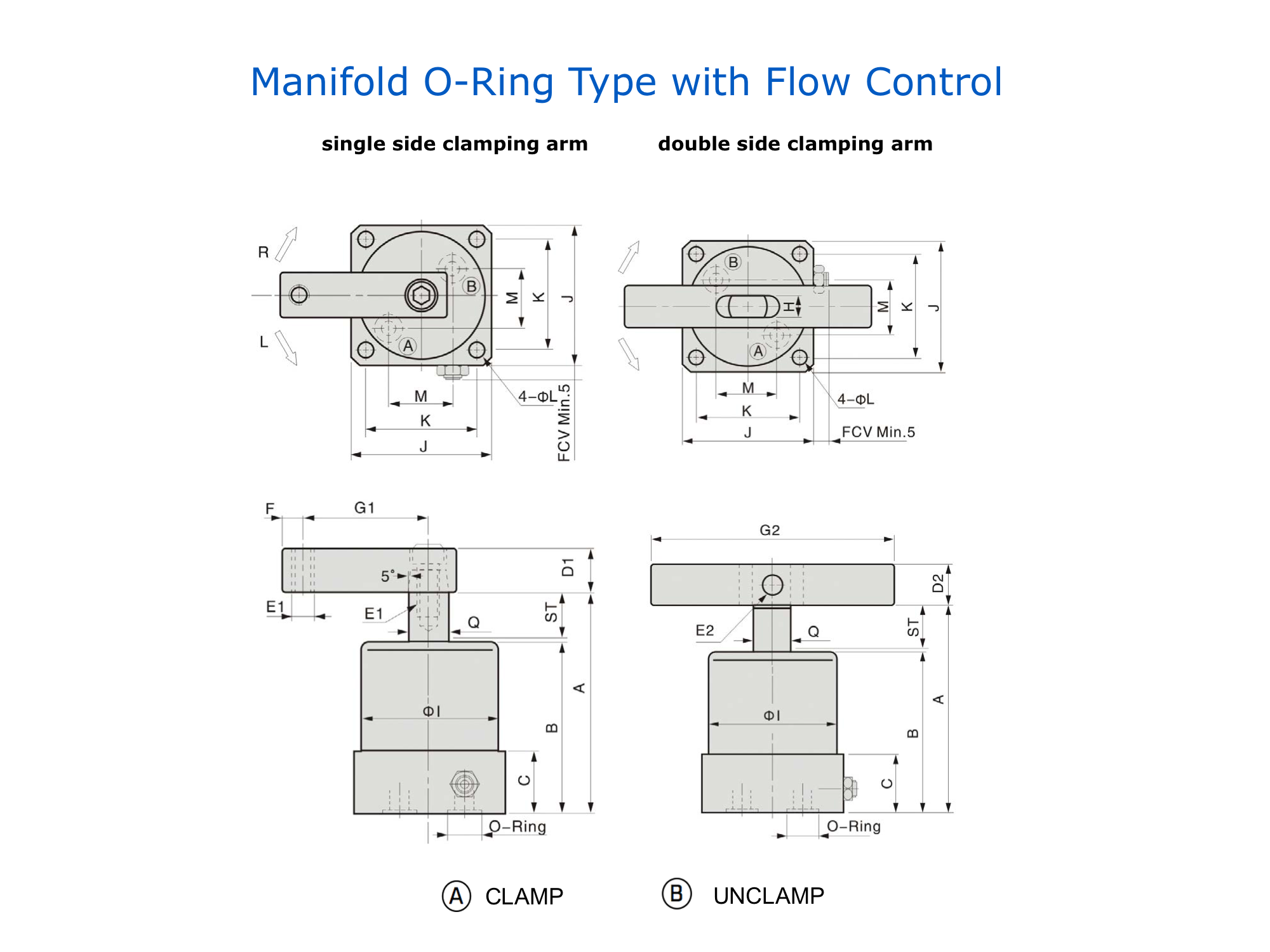 ASC Technical Drawing Pneumatic Swing Clamp Manifold O-Ring type with Flow Control