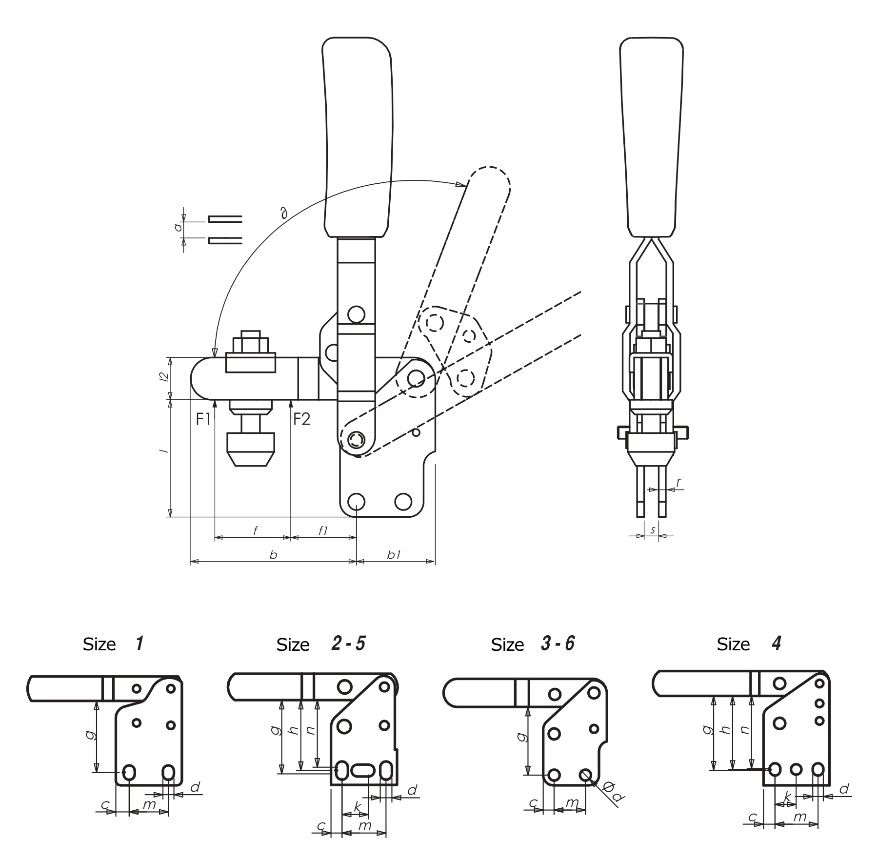 M11 Vertical toggle clamp with vertical base and open clamping arm Drawing and Datasheet