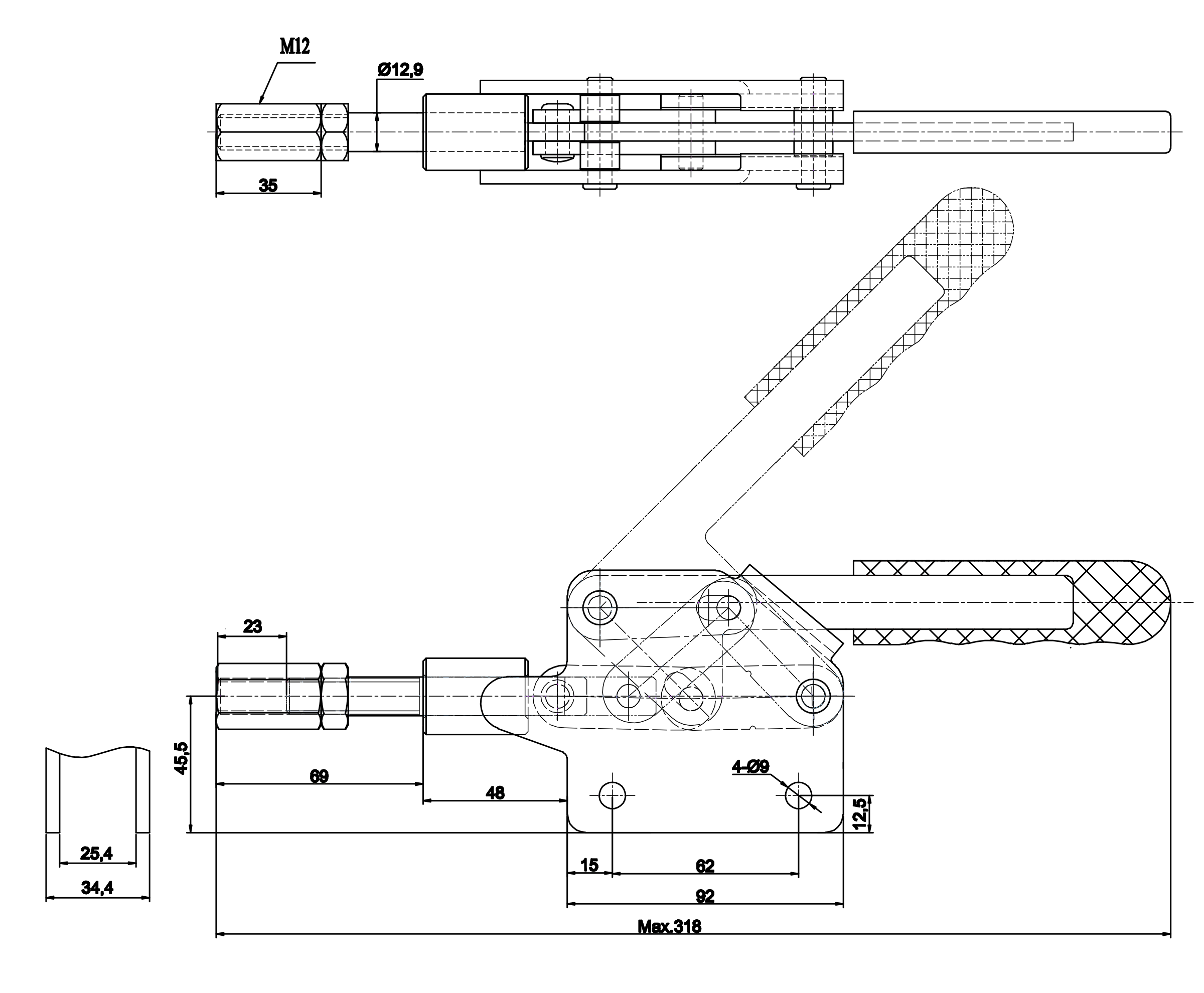 DST-30292-M Schubstangenspanner flache Bauform 23mm Hub 3000N Technische Zeichnung