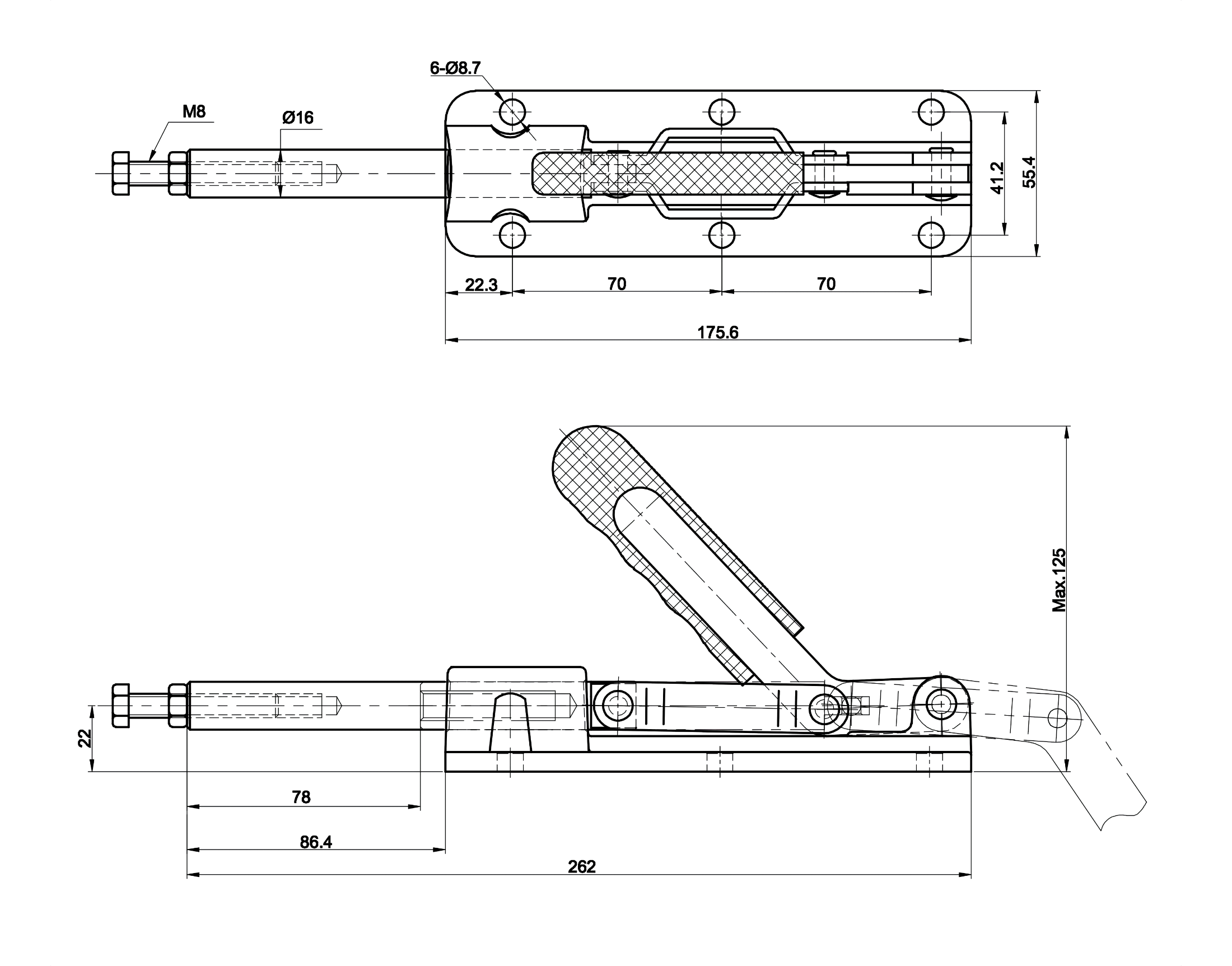 DST-36330-ML Schubstangenspanner, schwere Ausführung mit langer Schubstangenführung Technische Zeichnung