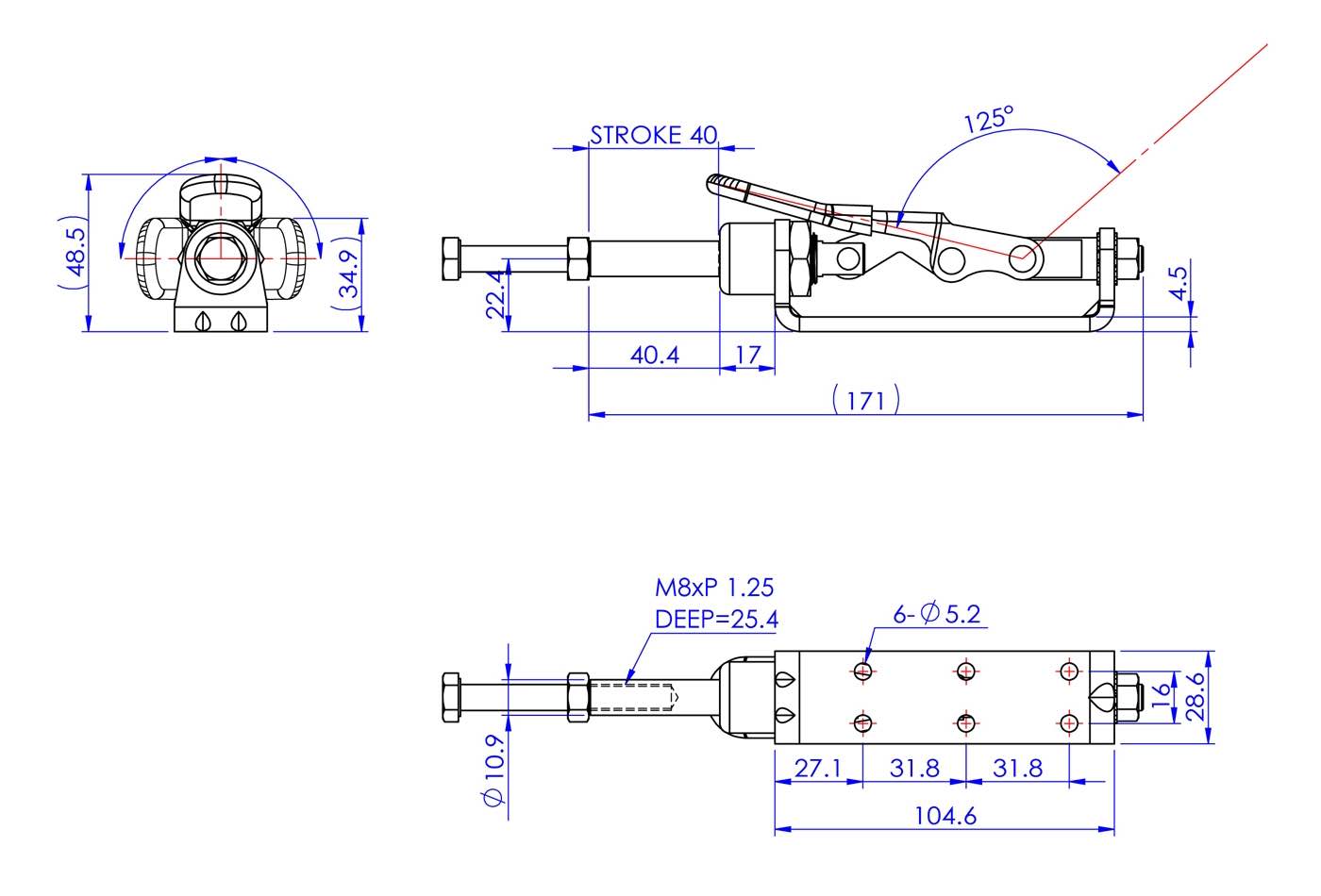GH-30606 Kompakter Schubstangenspanner mit schmalem Flanschfuss, 40mm Hub, 2000N Technische Zeichnung