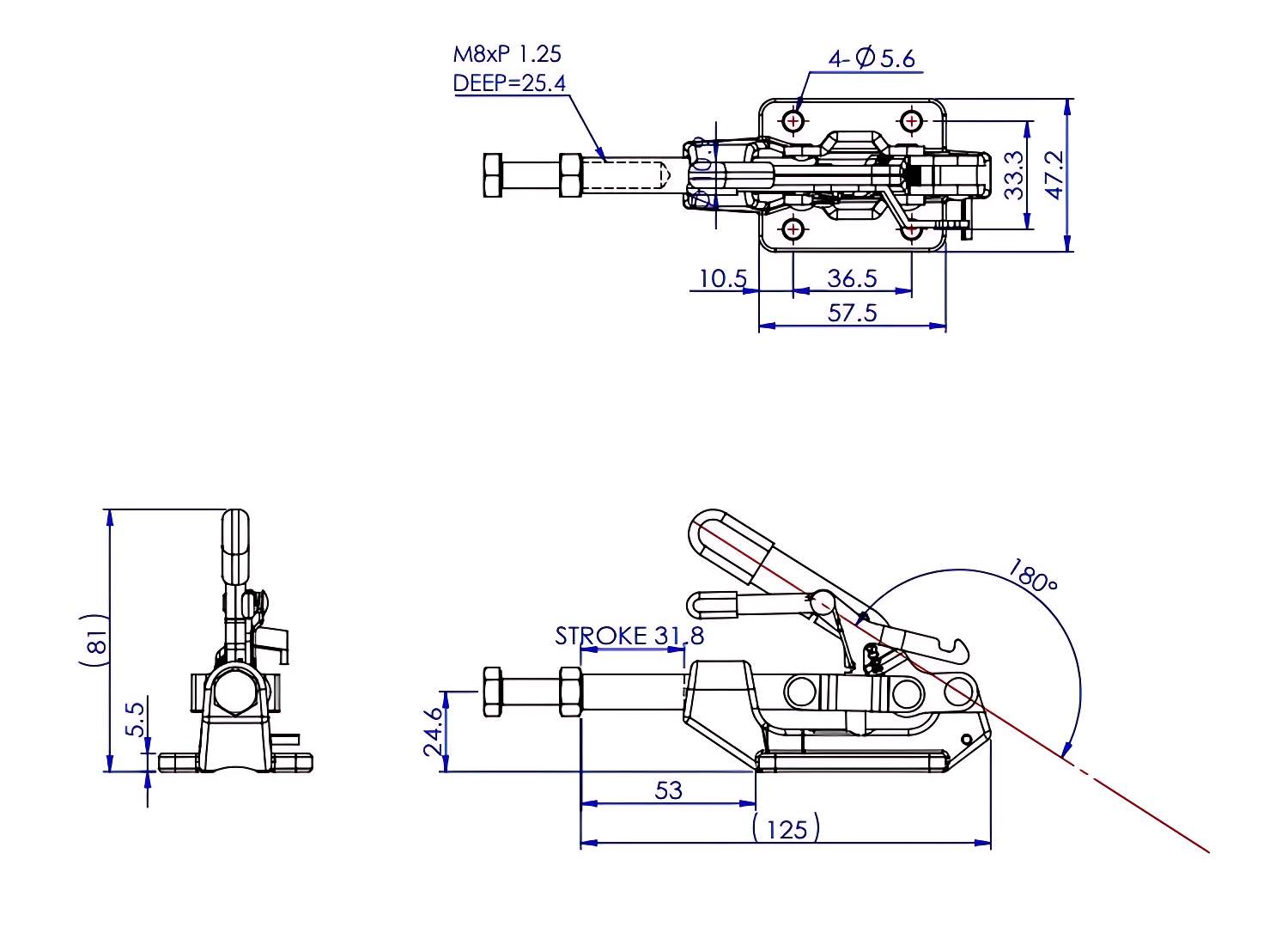 GH-36003-MR Push-Pull type toggle clamp, solid flat base with safety lock 2270N Technische Zeichnung