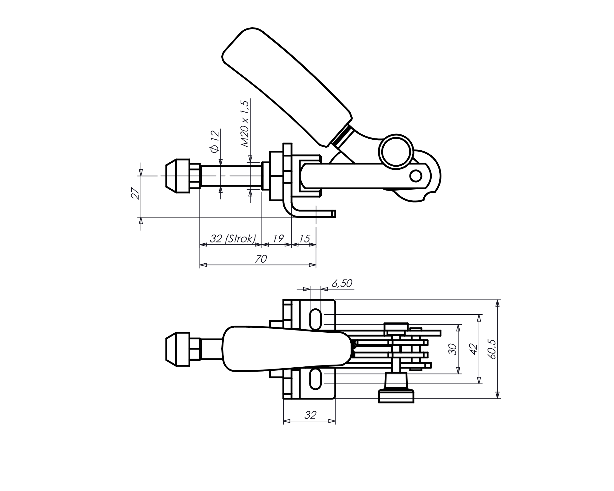 M60S Schubstangenspanner mit Sicherheitsverriegelung Technische Zeichnung