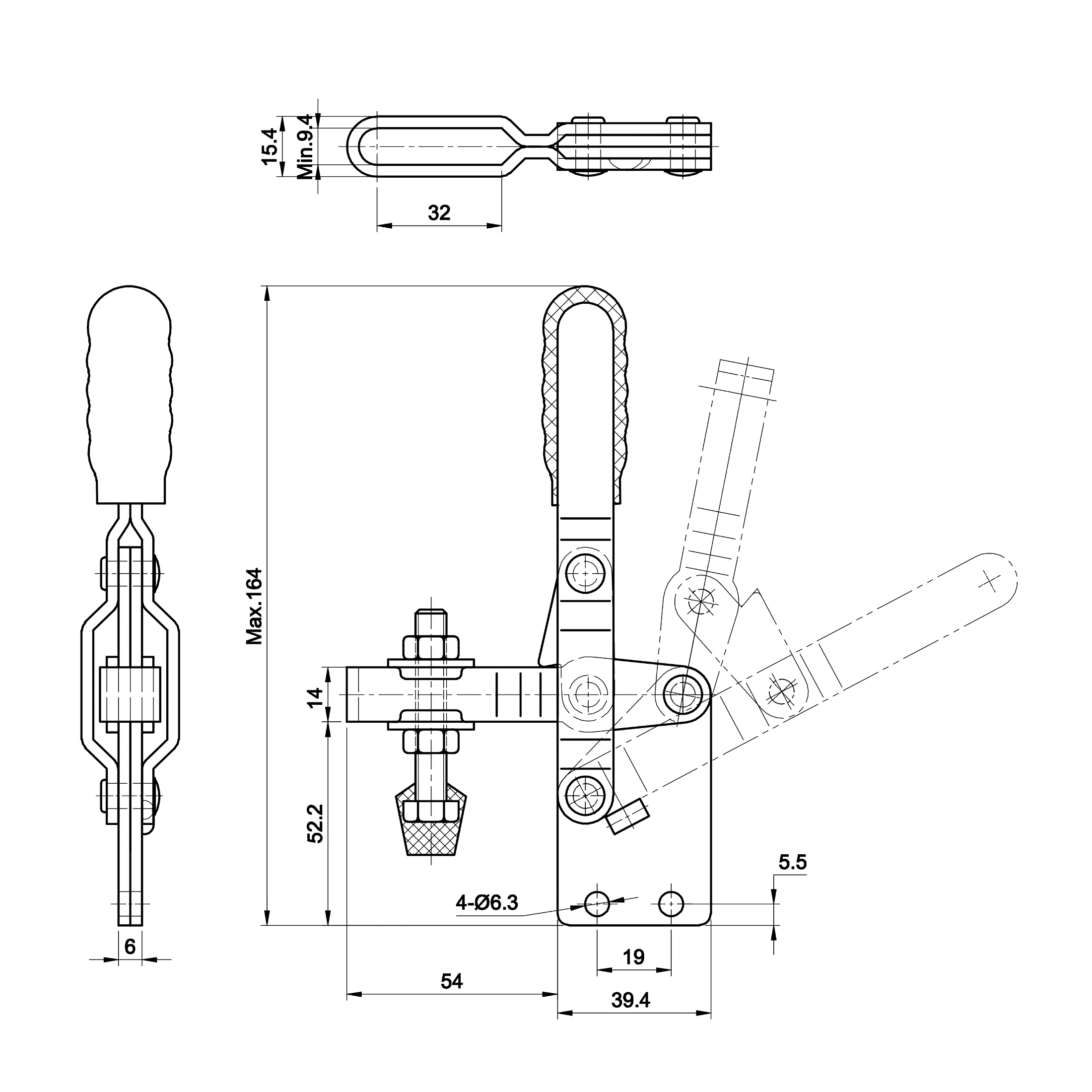 DST-101-DI Technische Zeichnung Senkrechtspanner-Vertikalspanner senkrechter Fuß, verstellbare Andrückspindel, U-Spannarm 1800N