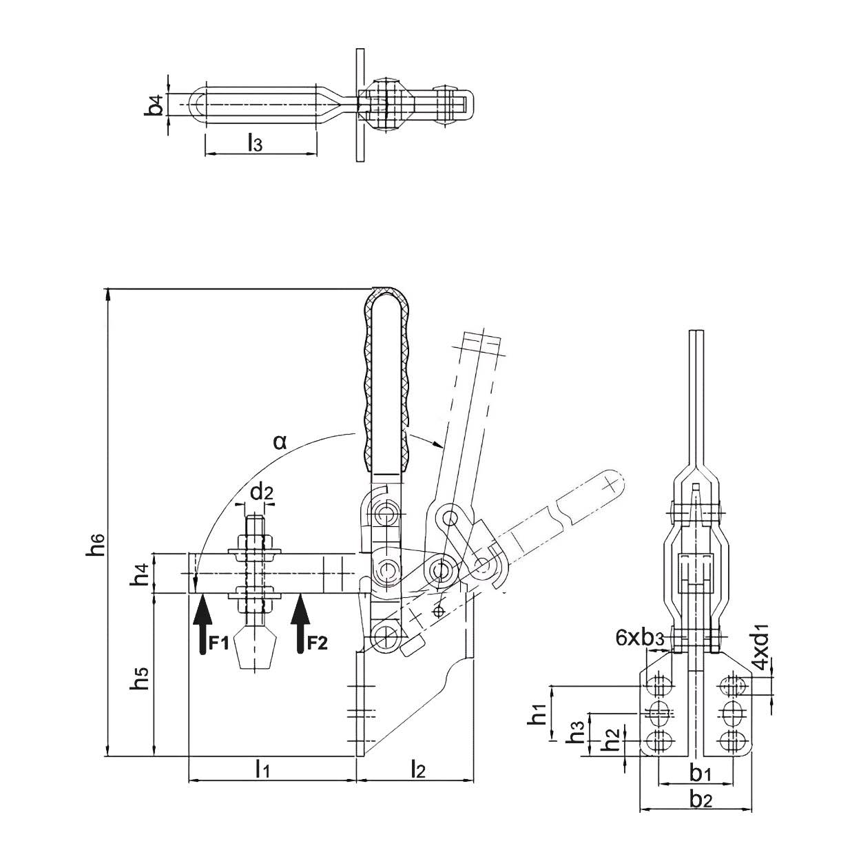 DST-113 Senkrechtspanner mit Winkelfuß und offenem Haltearm Technische Zeichnung