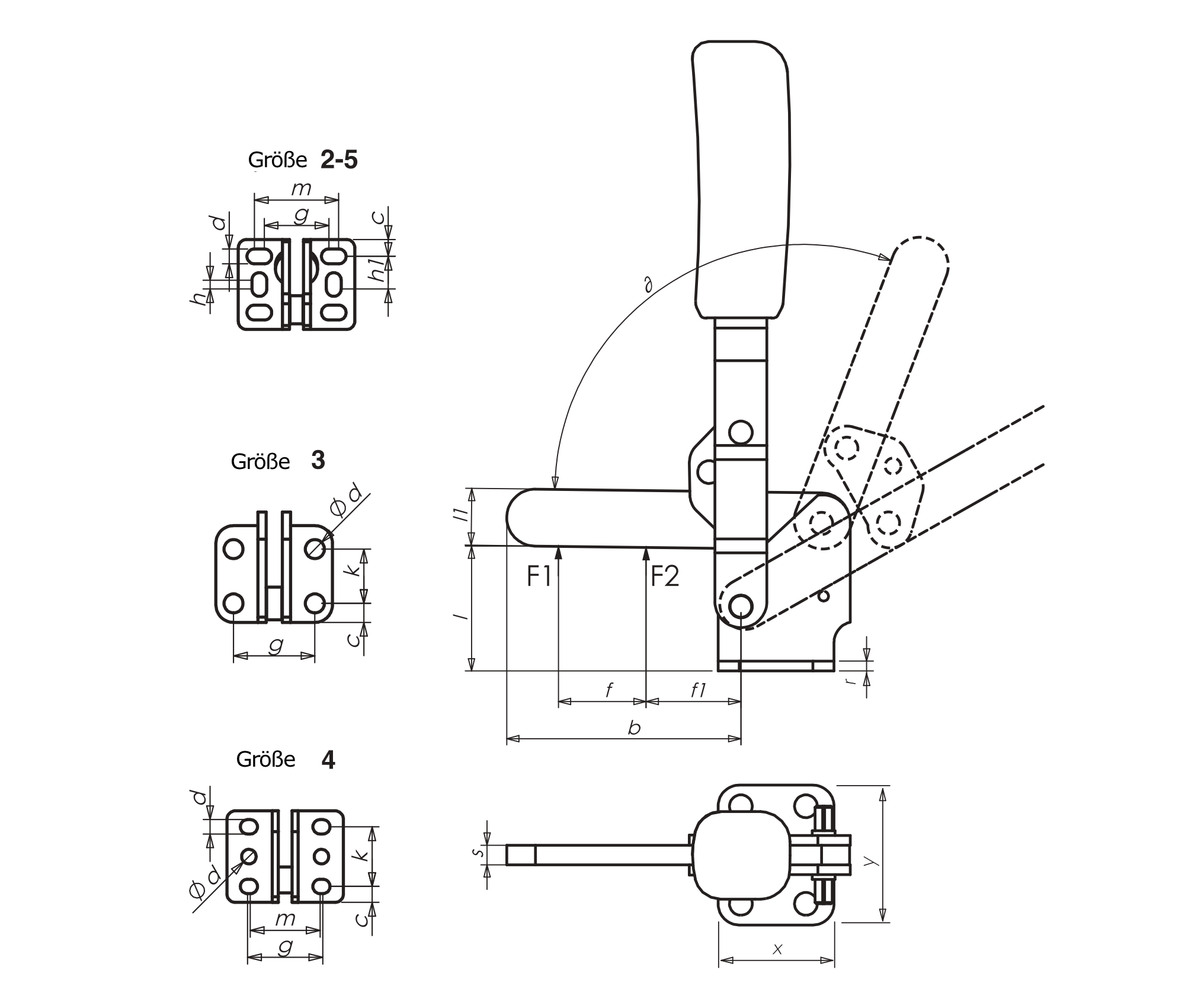 M10L Technische Zeichnung Senkrechtspanner mit waagrechtem Fuß und massivem Haltearm