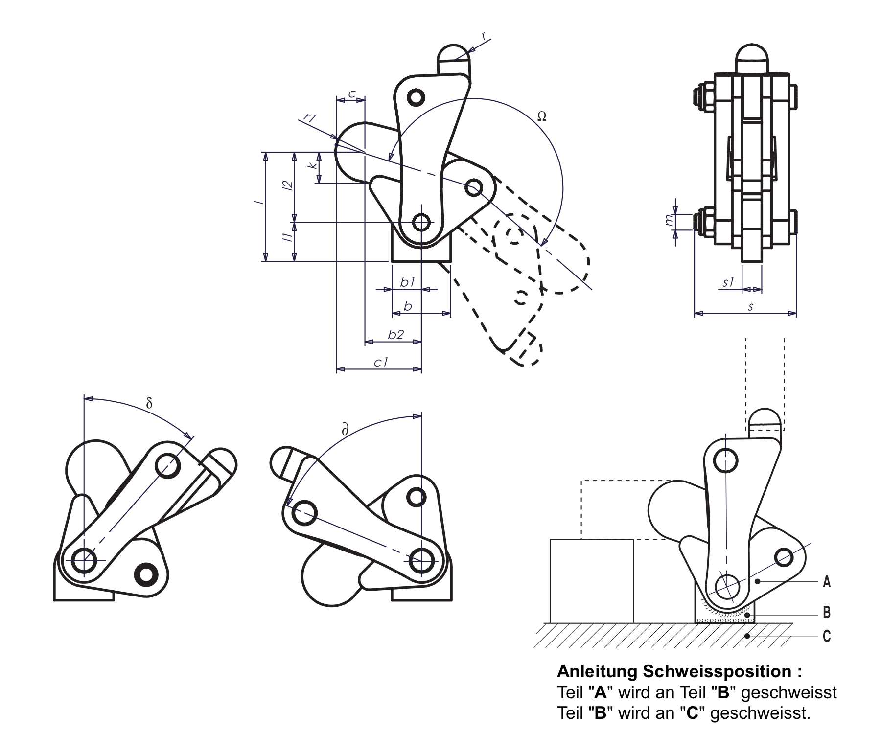 M30 Technische Zeichnung Modulspanner schweissbar mit Schwenkfuss