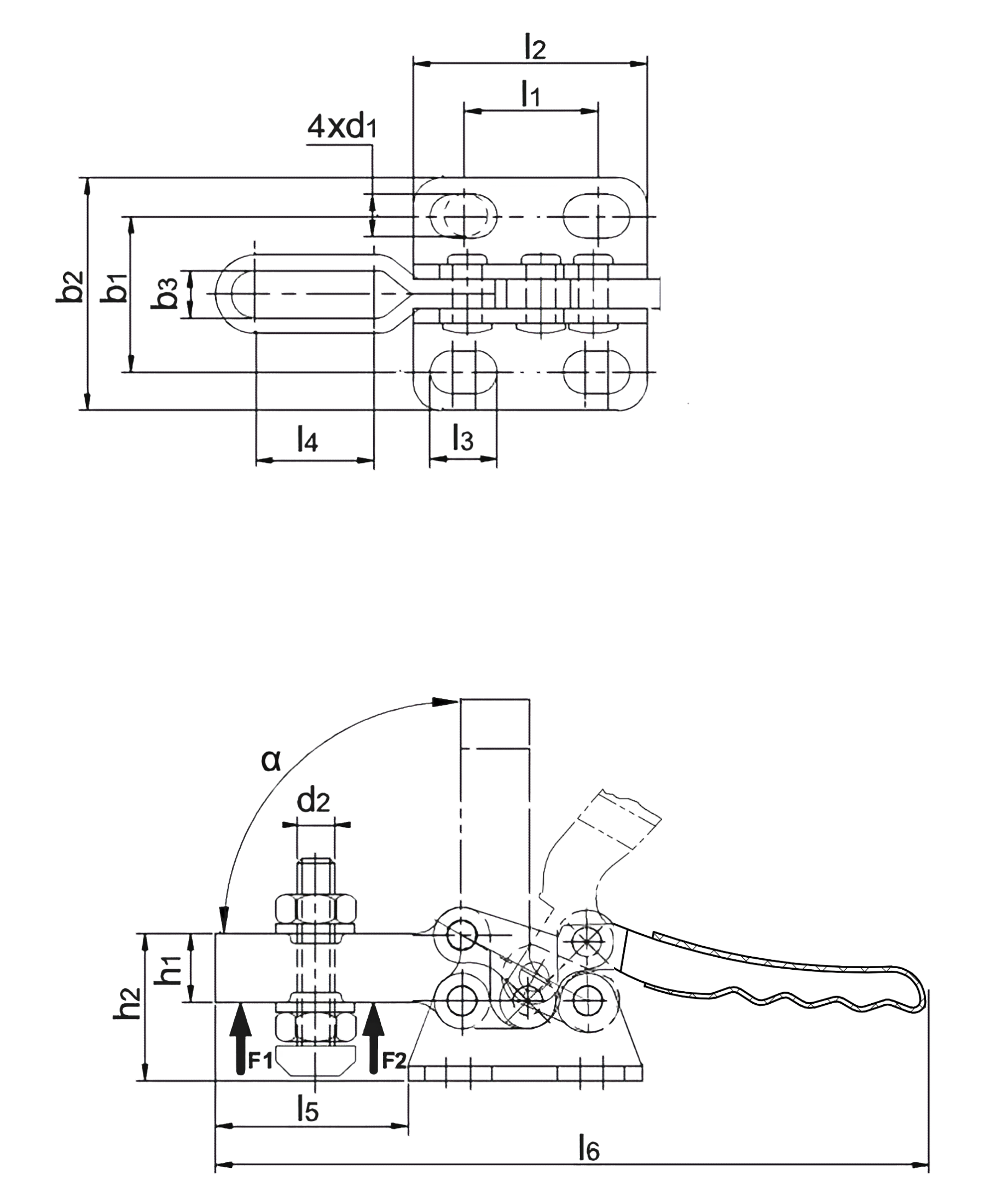 DST-211 Waagrechtspanner mit waagrechtem Fuß und U-Spannarm Technische Zeichnung