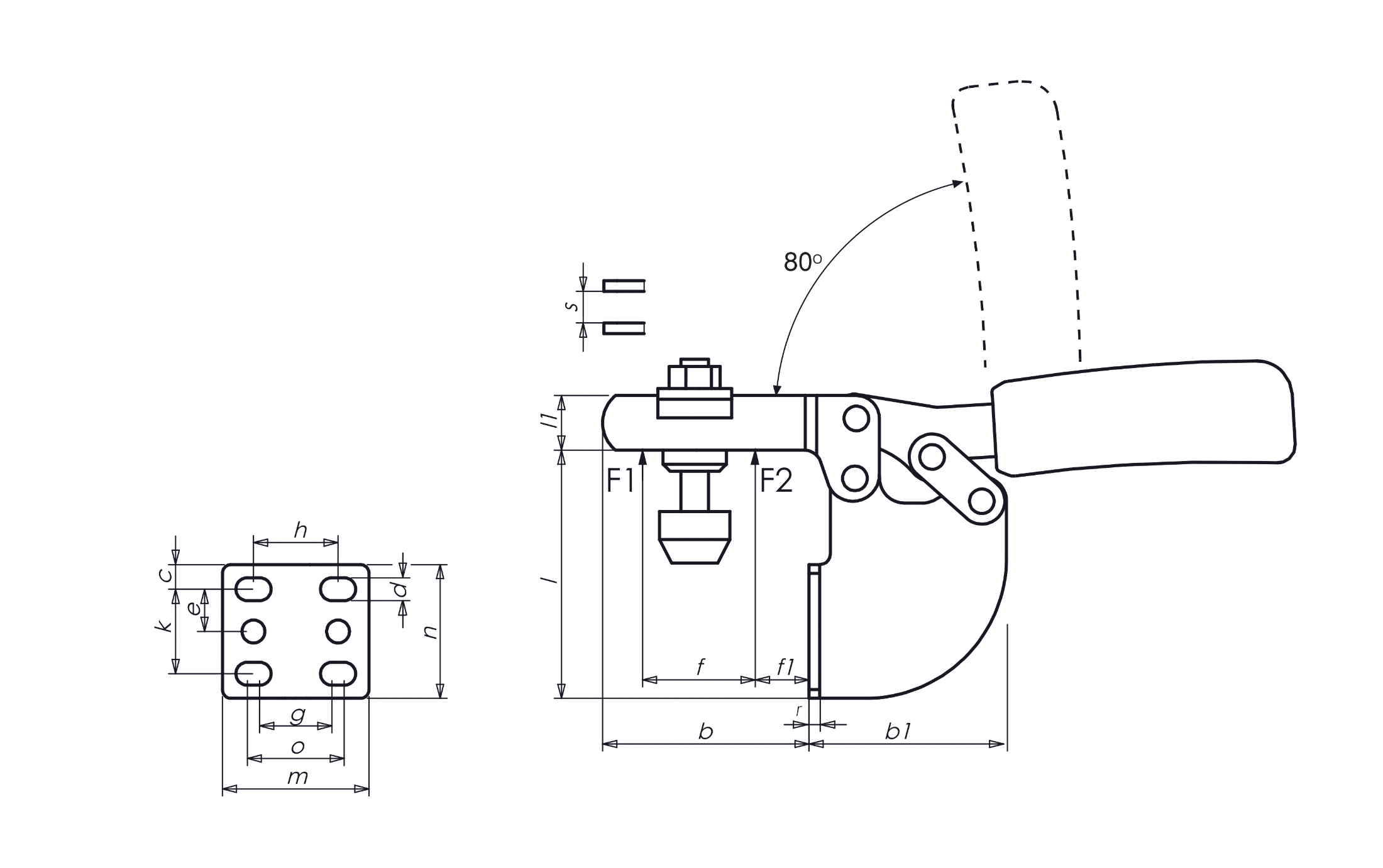 M22 Waagrechtspanner mit Winkelfuß und offenem Haltearm Technische Zeichnung
